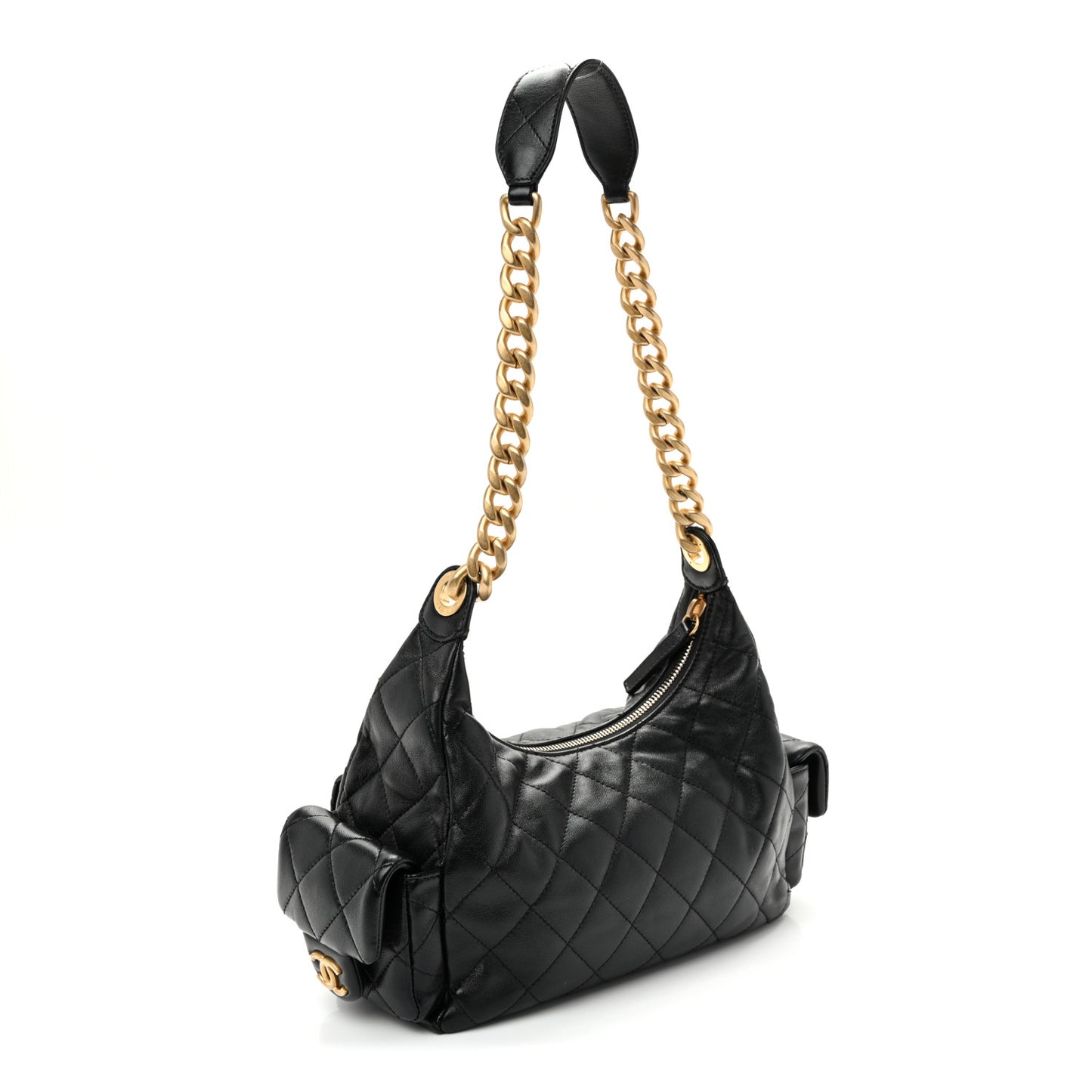 Shiny Lambskin Quilted Trendy Pockets Hobo Black