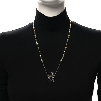 Chanel Metal Crystal Pearl Deer Pendant Necklace Green Black Gold 2 of 5