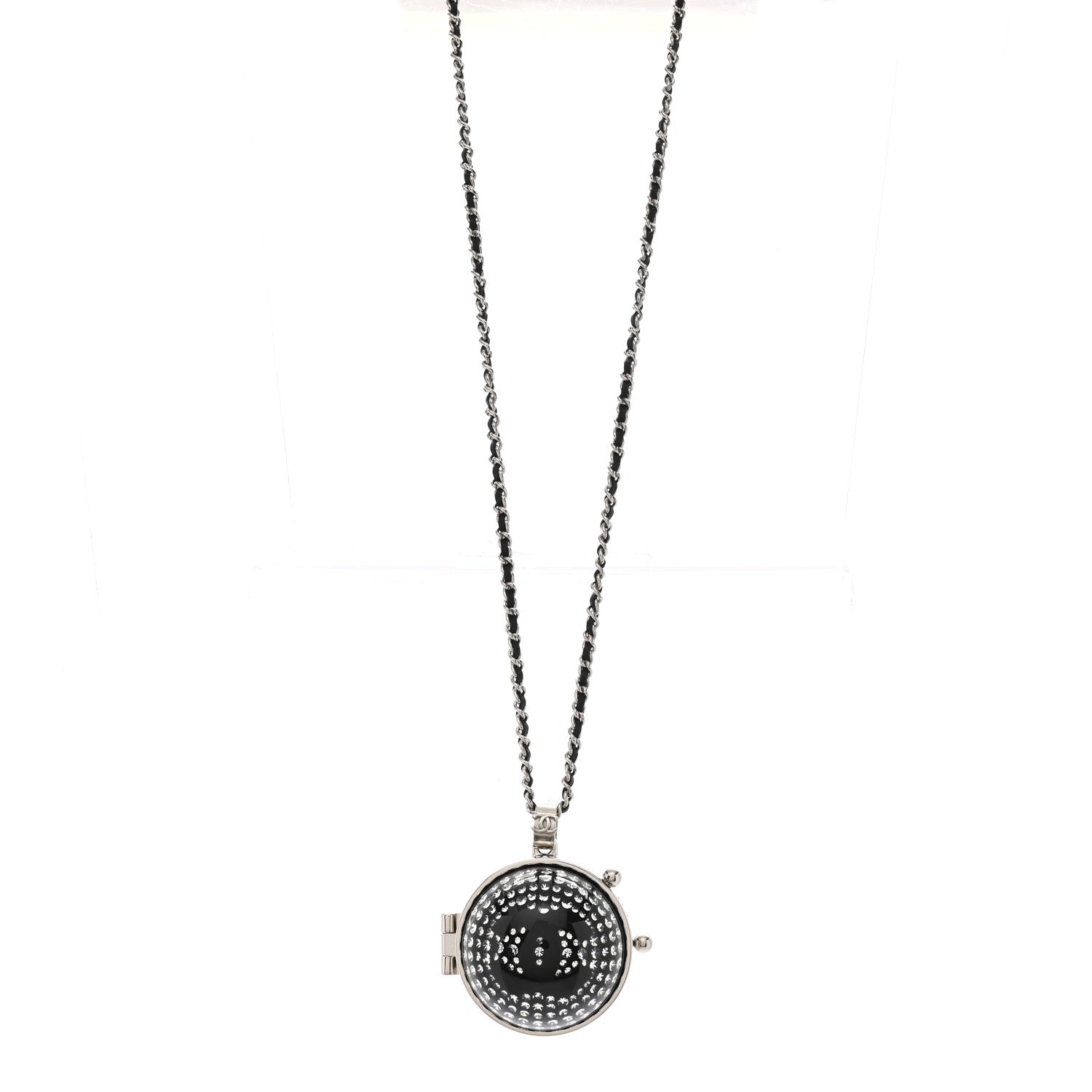 Chanel Resin Crystal Lambskin Ball Mirror Necklace Black Silver 1 of 7
