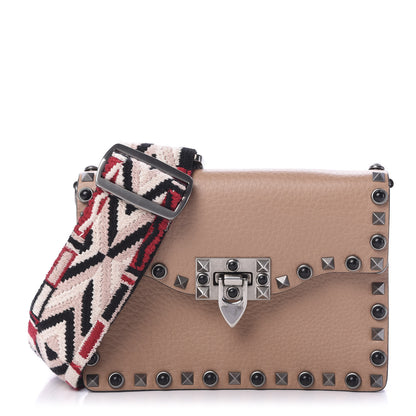 Valentino Garavani Grained Calfskin Onyx Small Guitar Strap Rockstud Rolling Shoulder Flap Bag Soft Noisette 1 of 9
