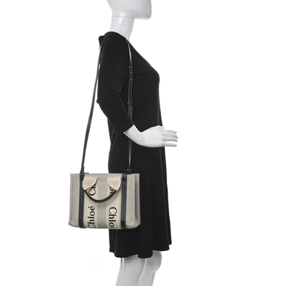 Chloe Cotton Calfskin Small Woody Ribbon Tote With Strap White Navy 2 of 9