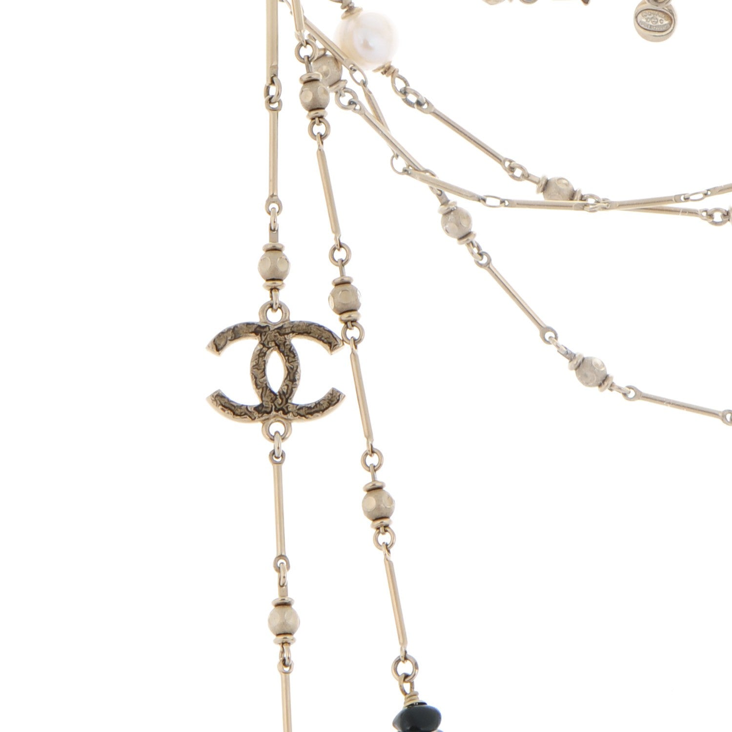 Chanel Pearl Stone CC Long Double Strand Necklace Black Gold 4 of 6