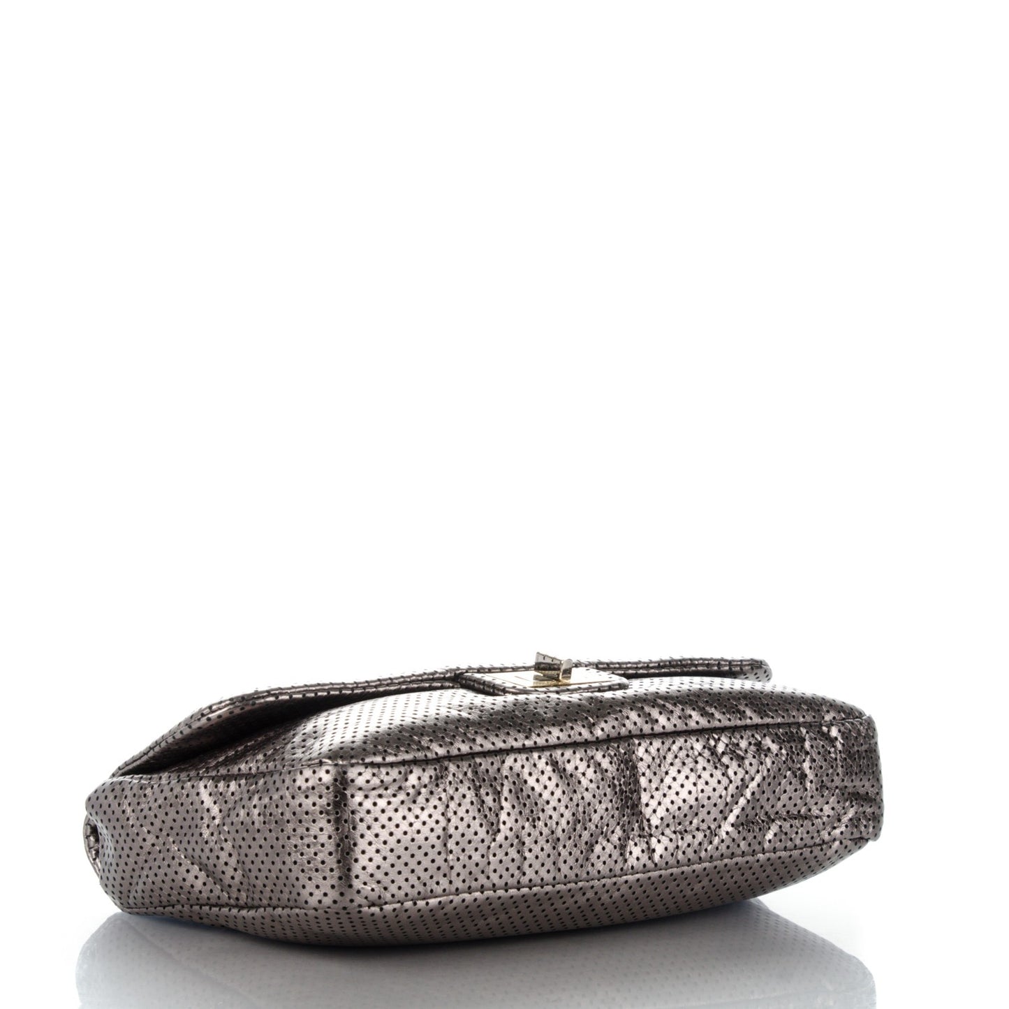 Metallic Crackled Calfskin Perforated Large Drill Flap Silver