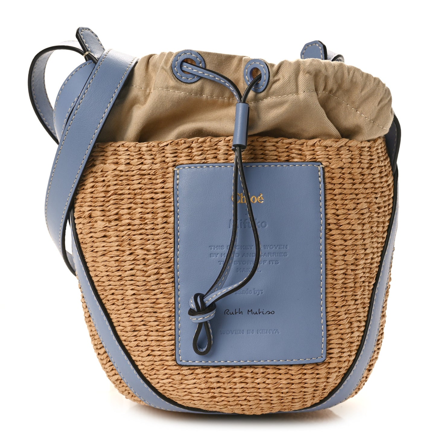 X MIFUKO Raffia Calfskin Basket Shoulder Bag Blue