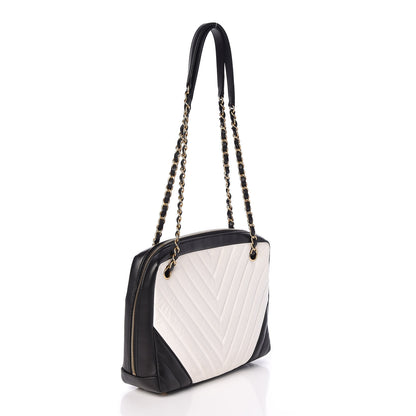 Chanel Lambskin Chevron Quilted Camera Case Black White 3 of 9