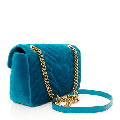 Gucci Velvet Matelasse Small GG Marmont Shoulder Bag Pavone Cyan 2 of 10