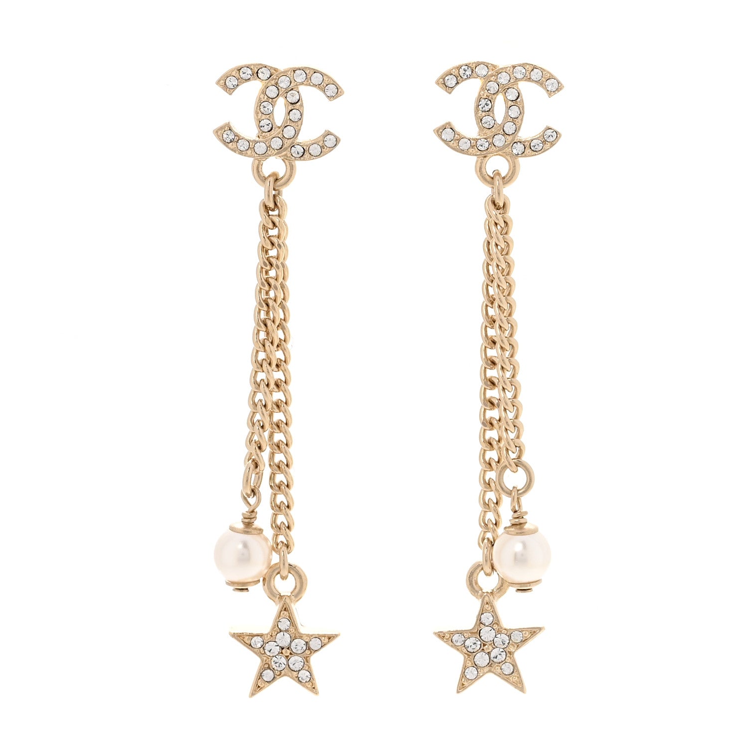 Chanel Crystal Pearl CC Star Drop Earrings Gold 1 of 5