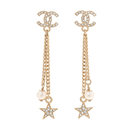 Chanel Crystal Pearl CC Star Drop Earrings Gold 1 of 5