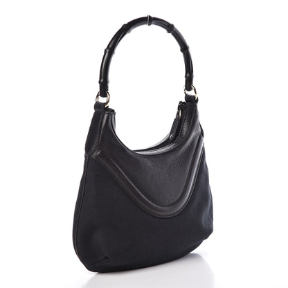 Gucci Calfskin Canvas Bamboo Shoulder Bag Black 3 of 9