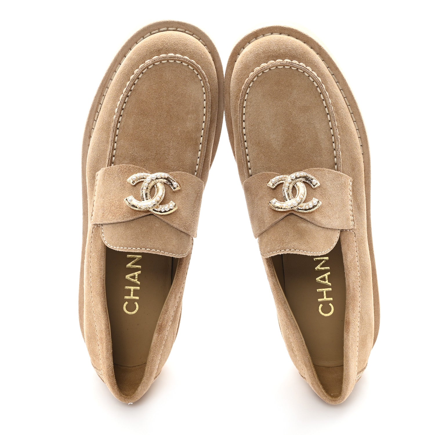 Chanel Suede Calfskin Pearl CC Moccasin Loafers 36.5 Dark Beige 2 of 9