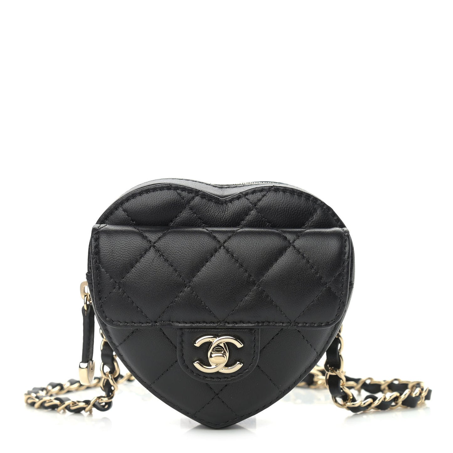 Lambskin Quilted CC In Love Heart Waist Belt Bag With Chain Black
