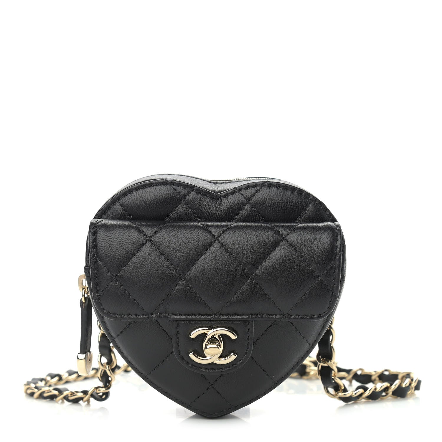 Chanel Lambskin Quilted CC In Love Heart Waist Belt Bag With Chain Black 1 of 11