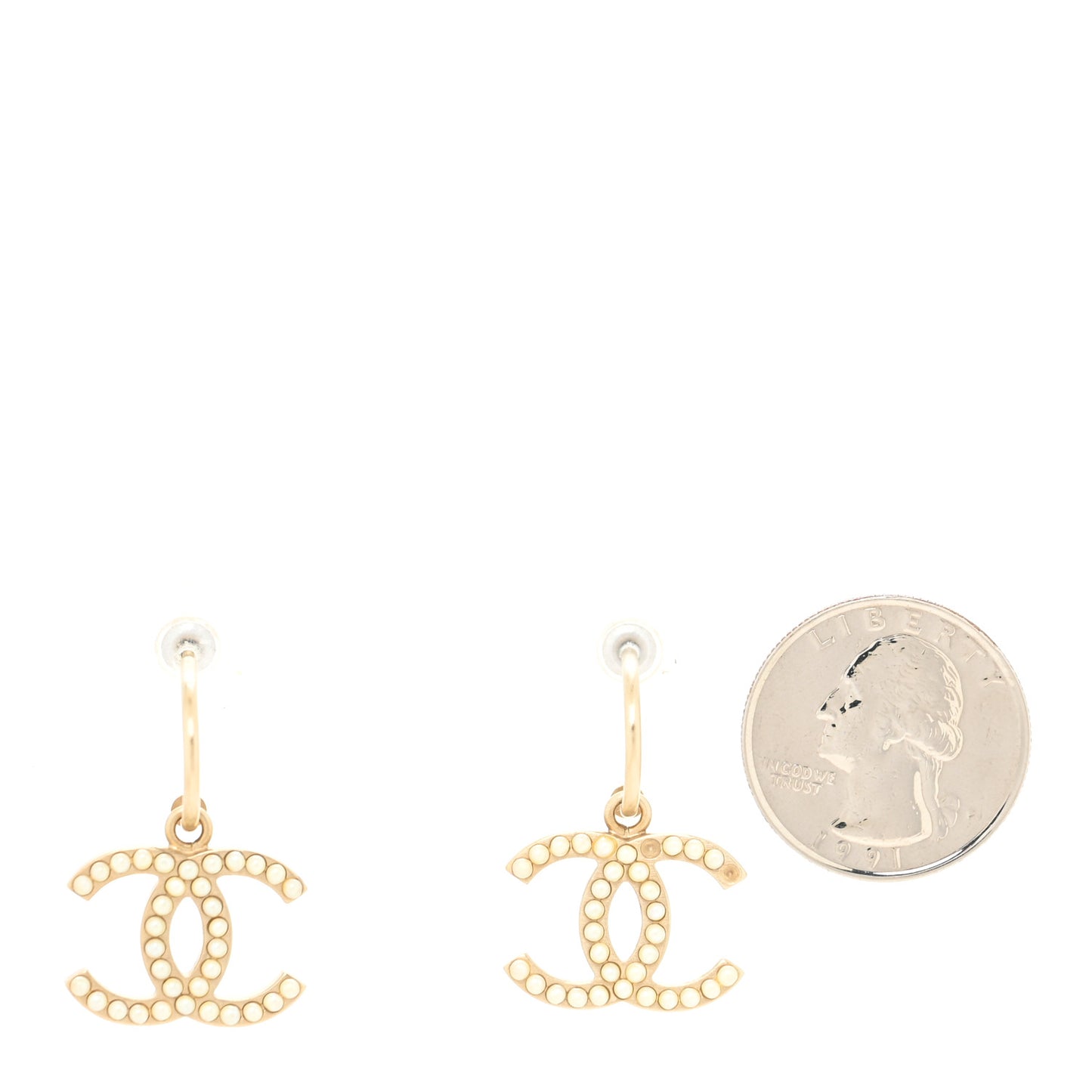 Crystal Pearl Caviar CC Drop Earrings Gold