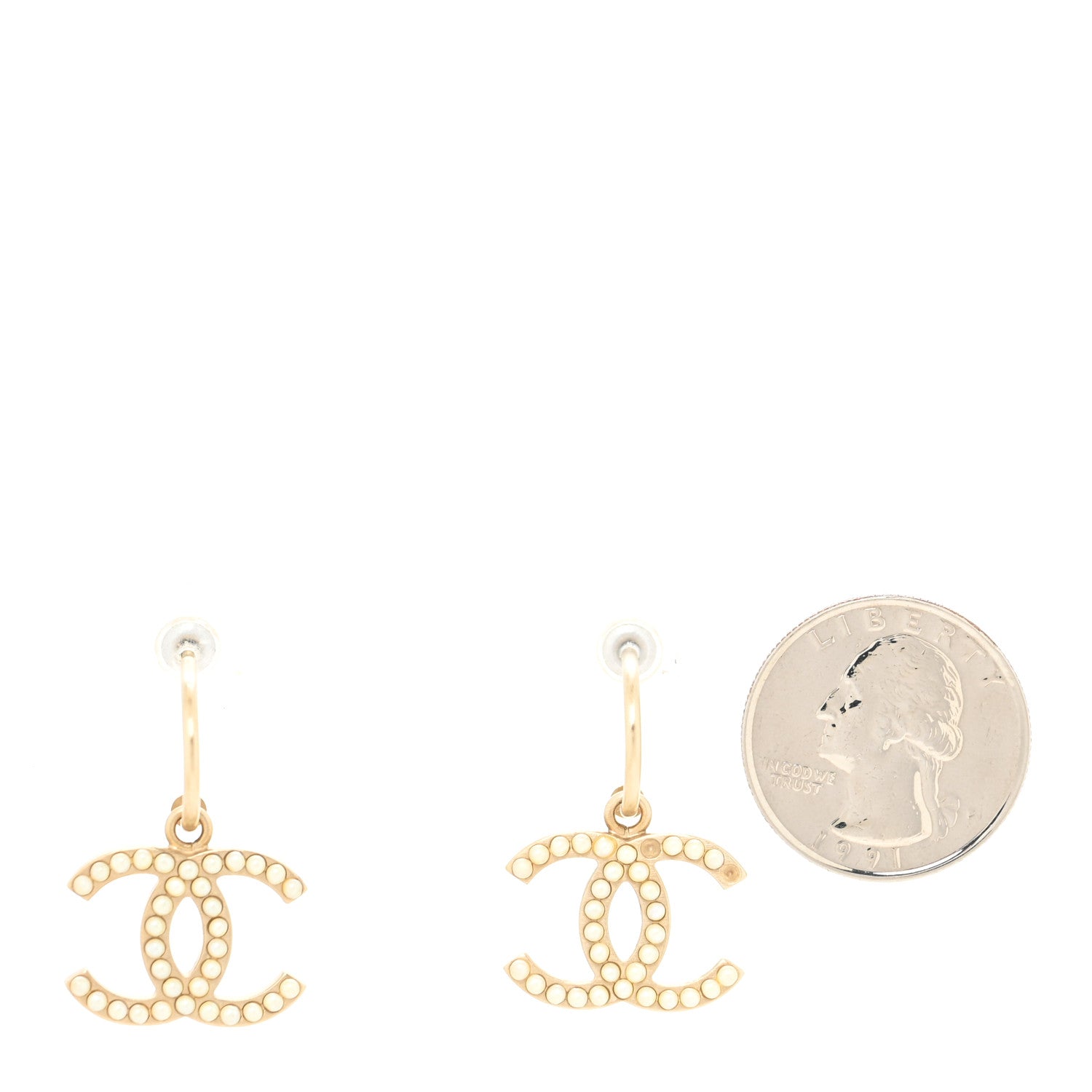 Chanel Crystal Pearl Caviar CC Drop Earrings Gold 2 of 4