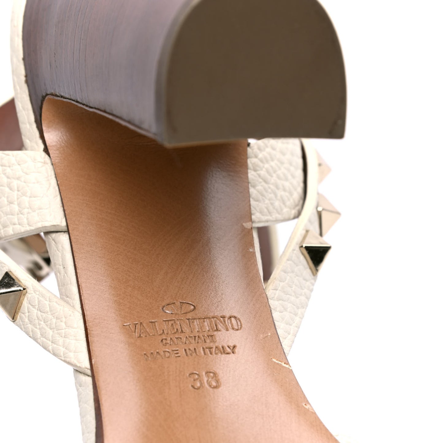 Pebbled Calfskin Rockstud Ankle Strap Sandals 38 Ivory