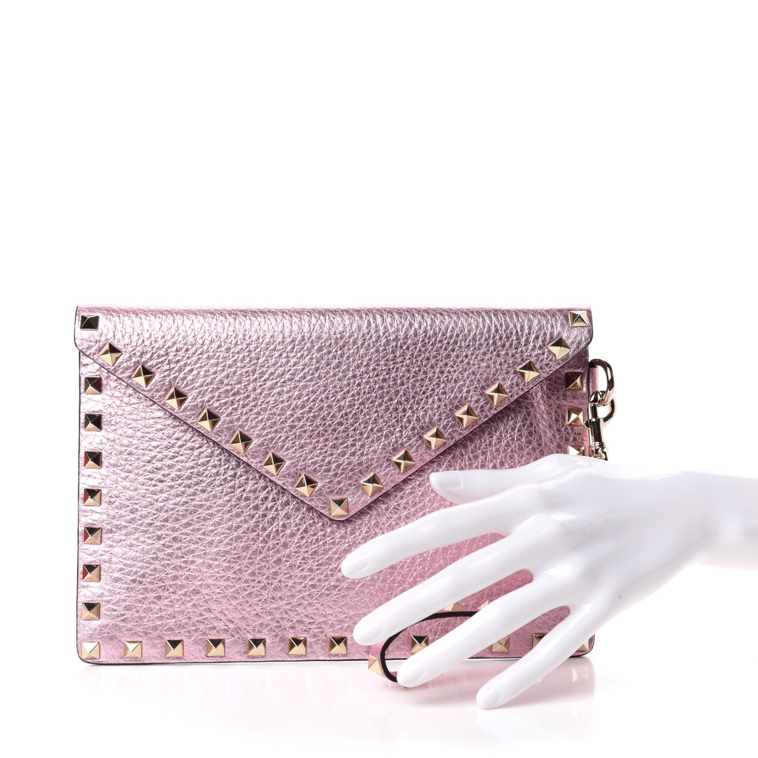 Valentino Garavani Metallic Pebbled Calfskin Medium Rockstud Envelope Flat Wristlet Pouch Giacinto 2 of 7