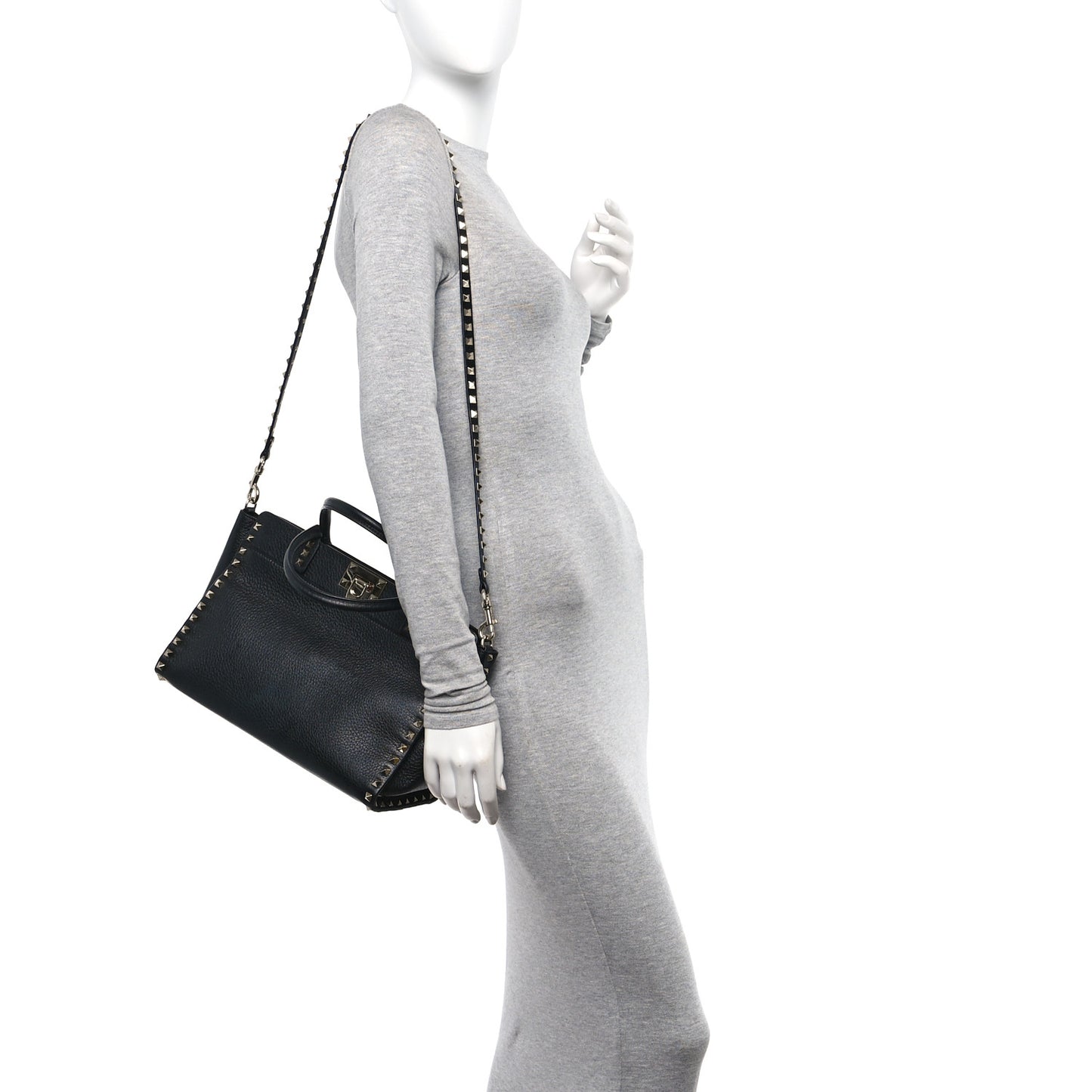 Pebbled Calfskin Rockstud Double Handle Tote Black