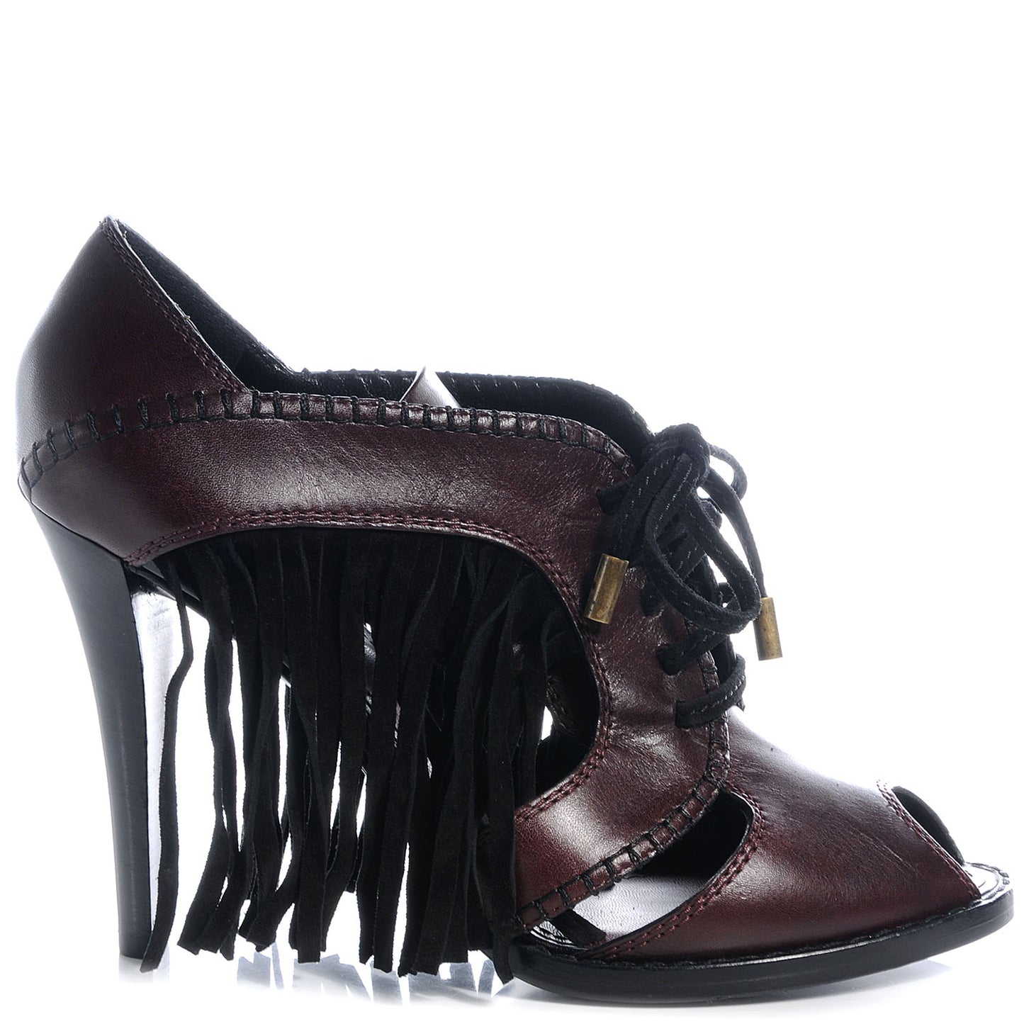 Leather Dakota Fringe Peep Toe Heels 41 Bordeaux