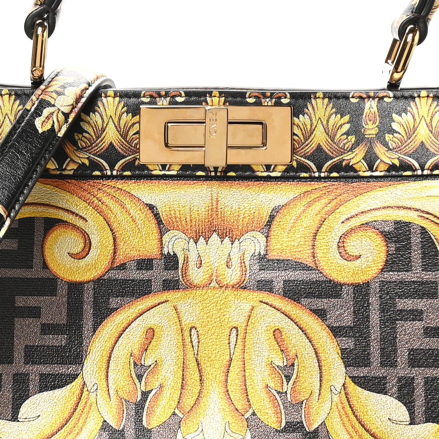 X VERSACE Vitello Seta Nappa Fendace FF Baroque Medium Peekaboo I SEE U Satchel Tobacco Black Gold