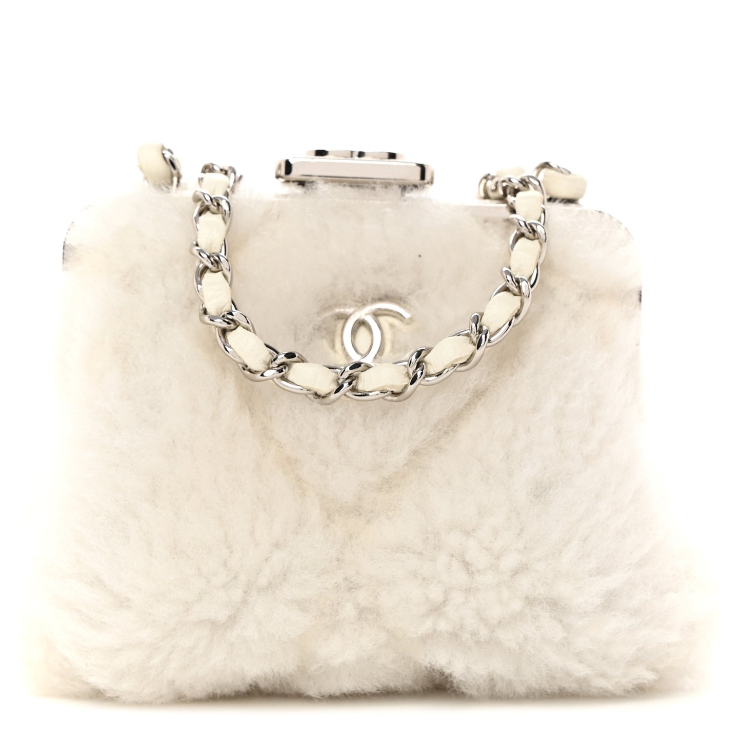 Shearling Sheepskin Lambskin Quilted Clutch With Chain White