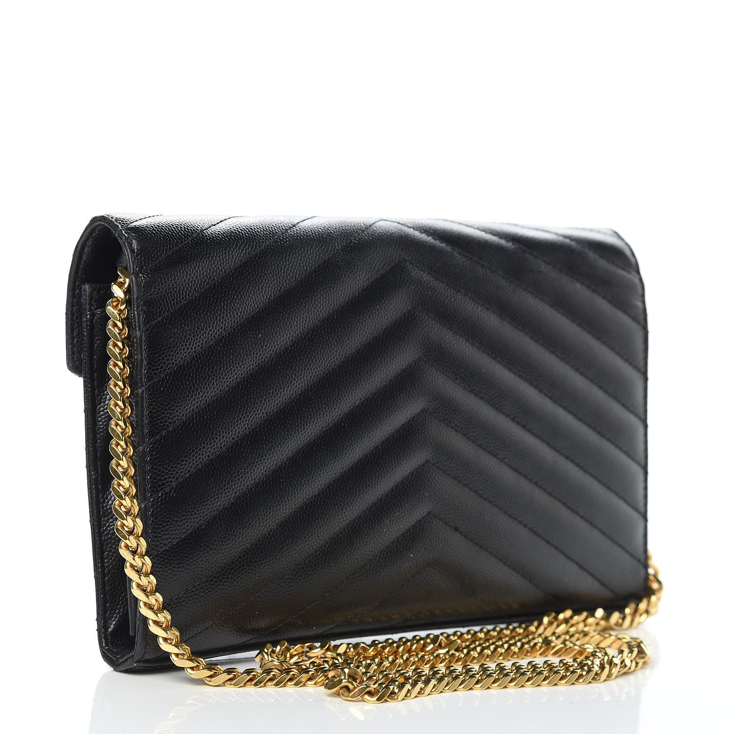 Saint Laurent Grain De Poudre Matelasse Chevron Monogram Chain Wallet Black 3 of 15
