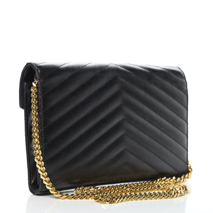 Saint Laurent Grain De Poudre Matelasse Chevron Monogram Chain Wallet Black 3 of 15