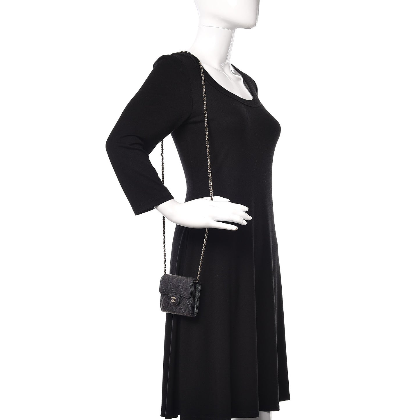 Iridescent Caviar Quilted Flap Card Holder On Chain Black
