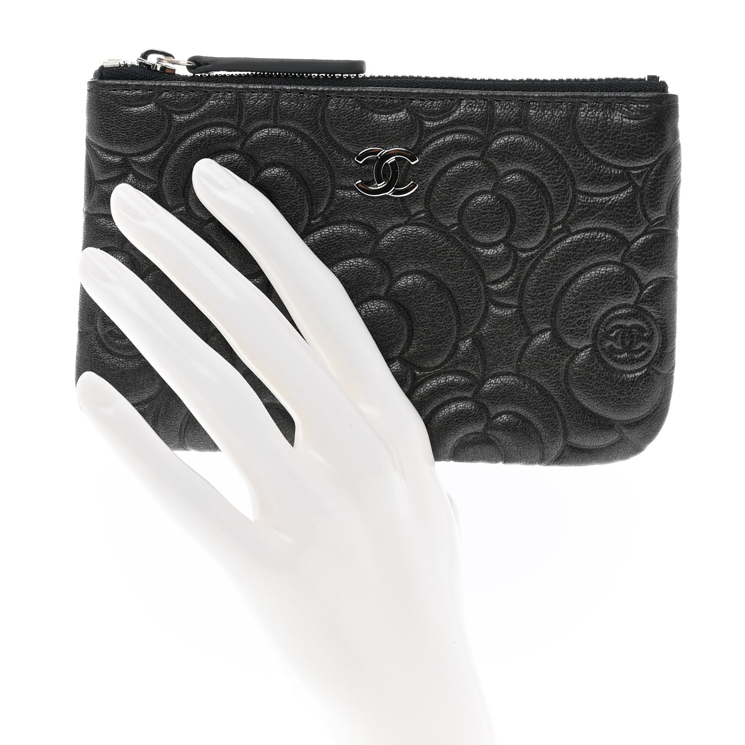 Chanel Goatskin Camellia Embossed Cosmetic Pouch Anthracite 2 of 8