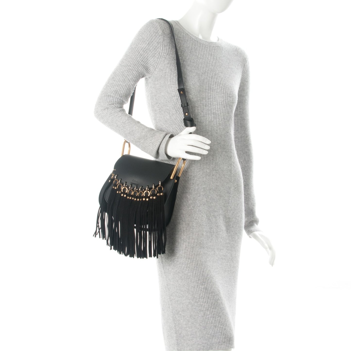 Calfskin Small Hudson Fringe Shoulder Bag Black