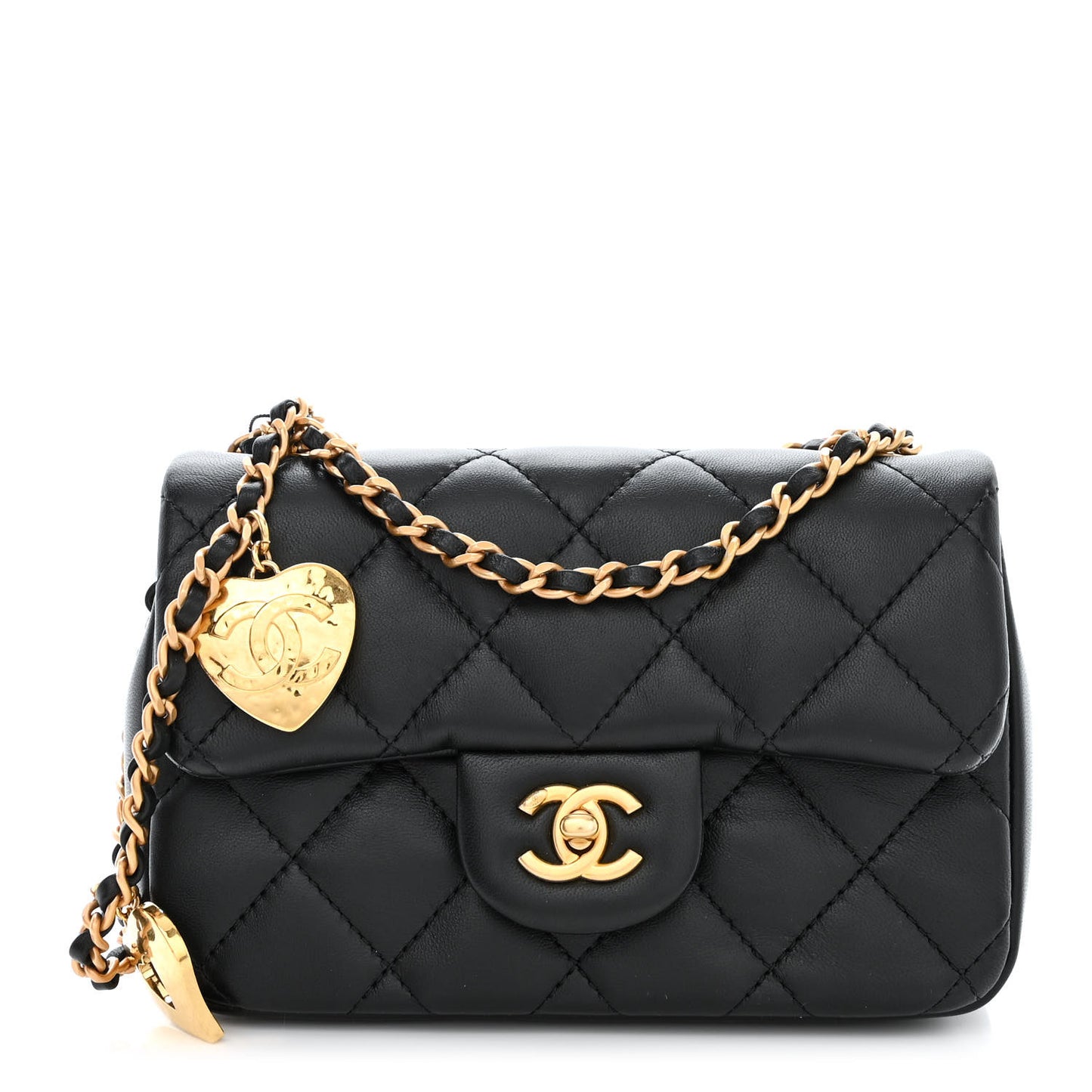 Lambskin Quilted Mini Heart Charms Flap Black