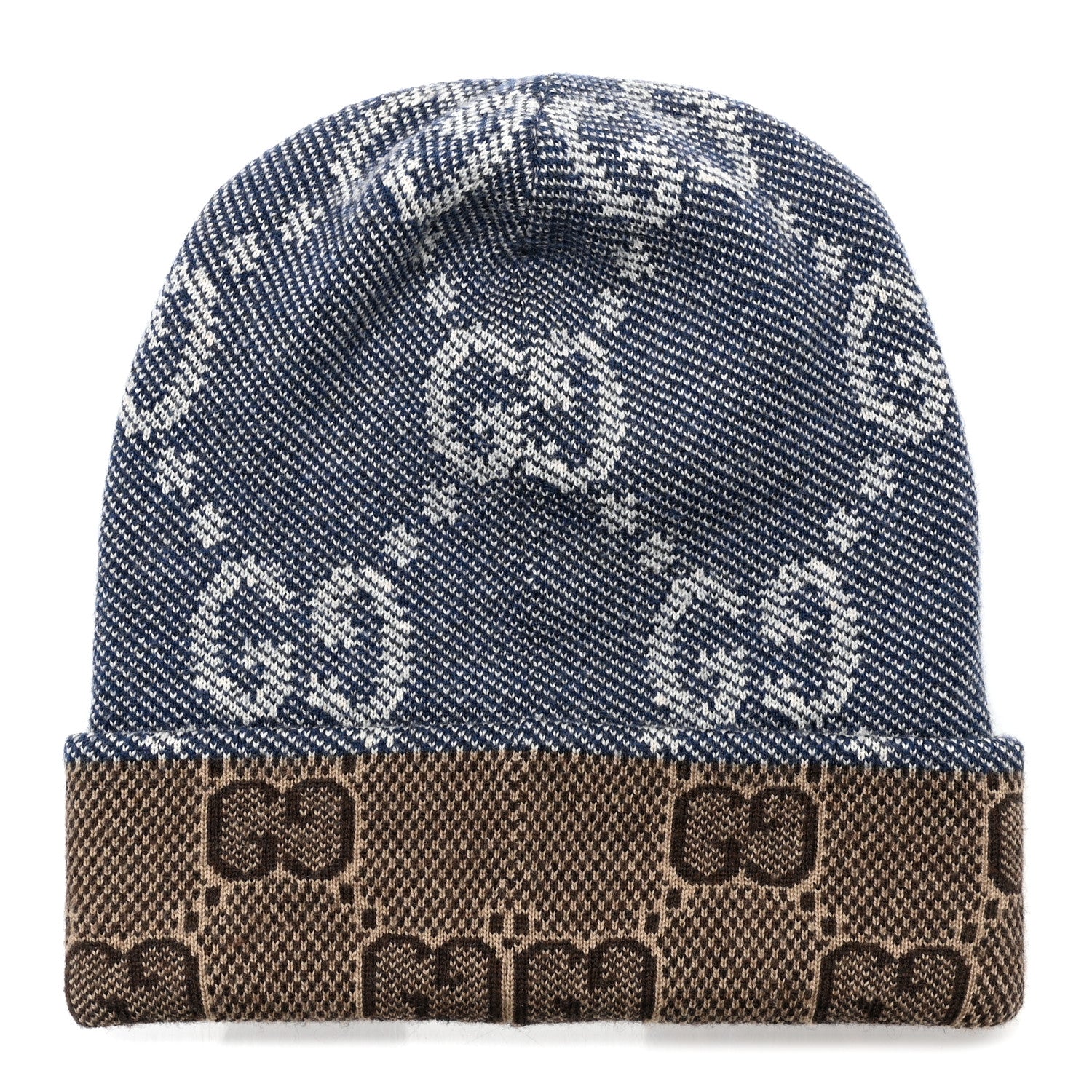 Gucci Wool Monogram Doubly G Beanie Hat M Blue Brown 3 of 5