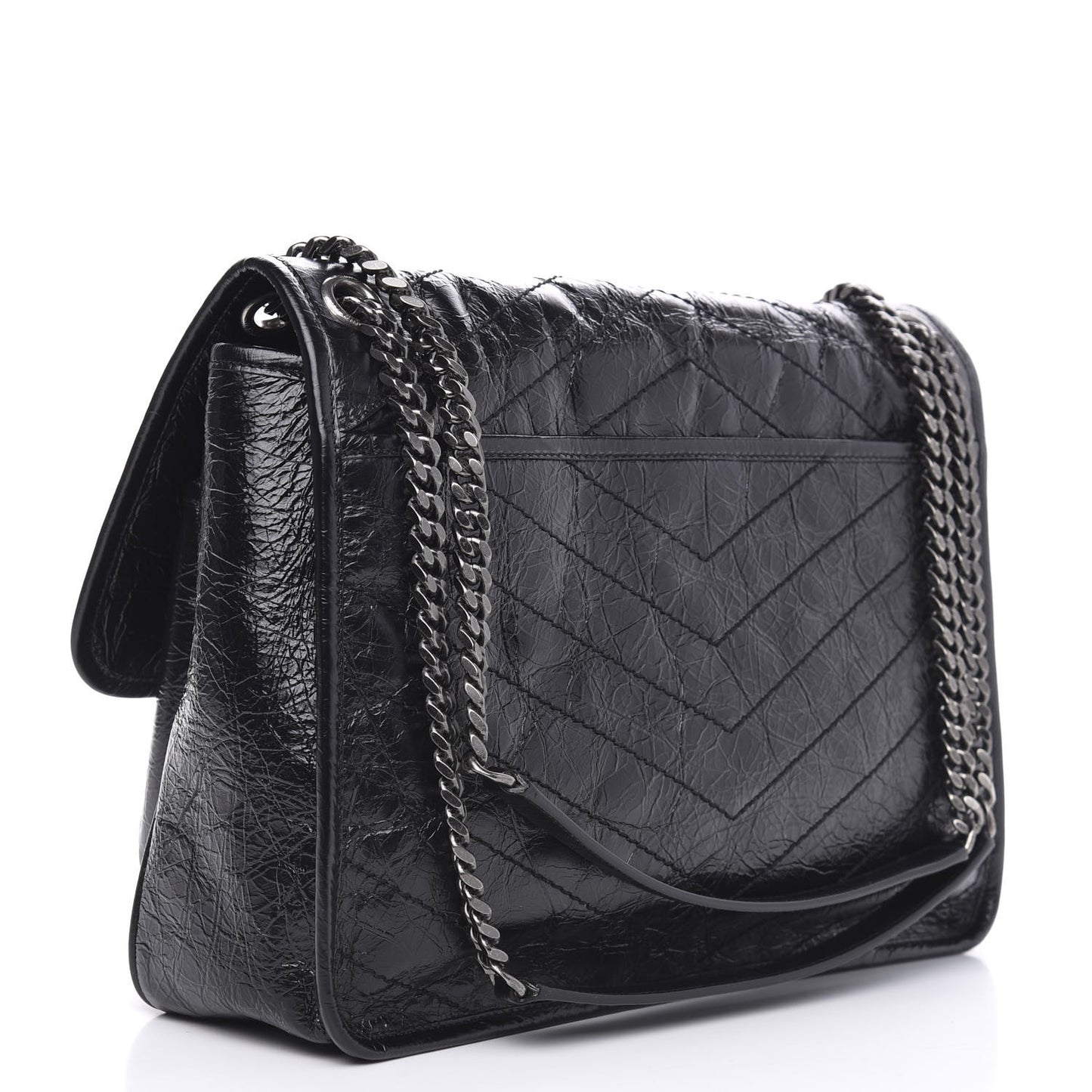 Crinkled Calfskin Matelasse Monogram Large Niki Chain Satchel Black