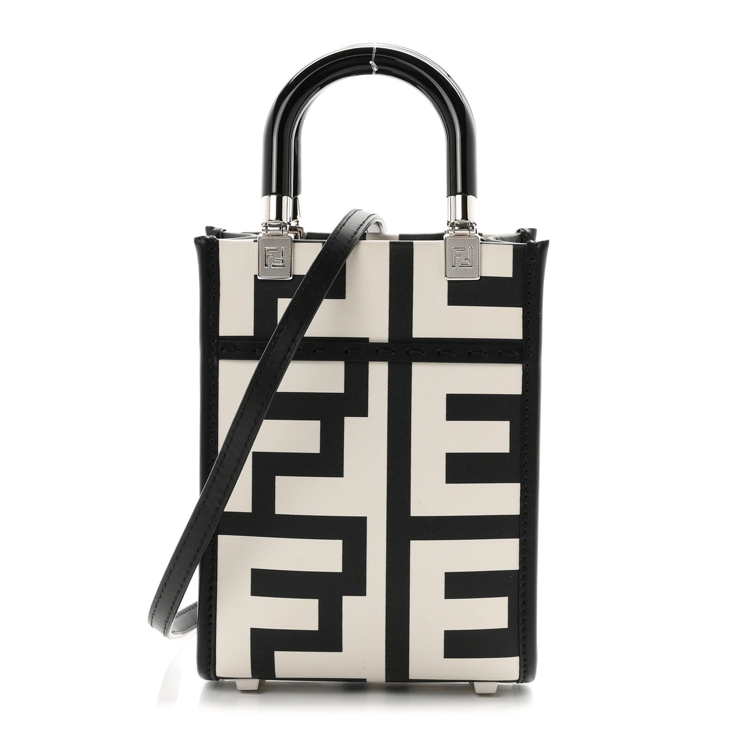 X MARC JACOBS Vitello King Plexiglass Logo Print Mini Fendi Sunshine Shopper Tote Black White