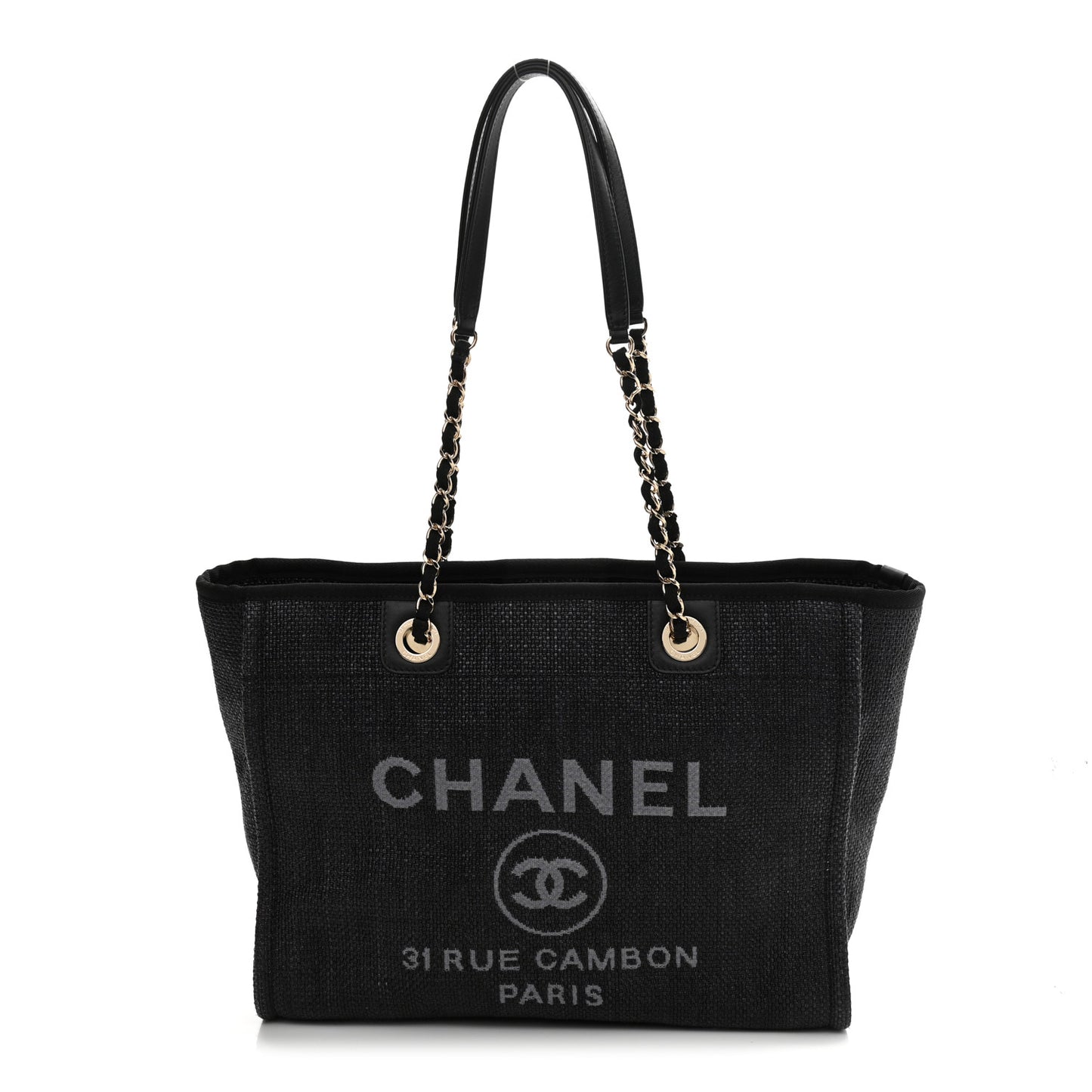 Woven Straw Raffia Small Deauville Tote Black