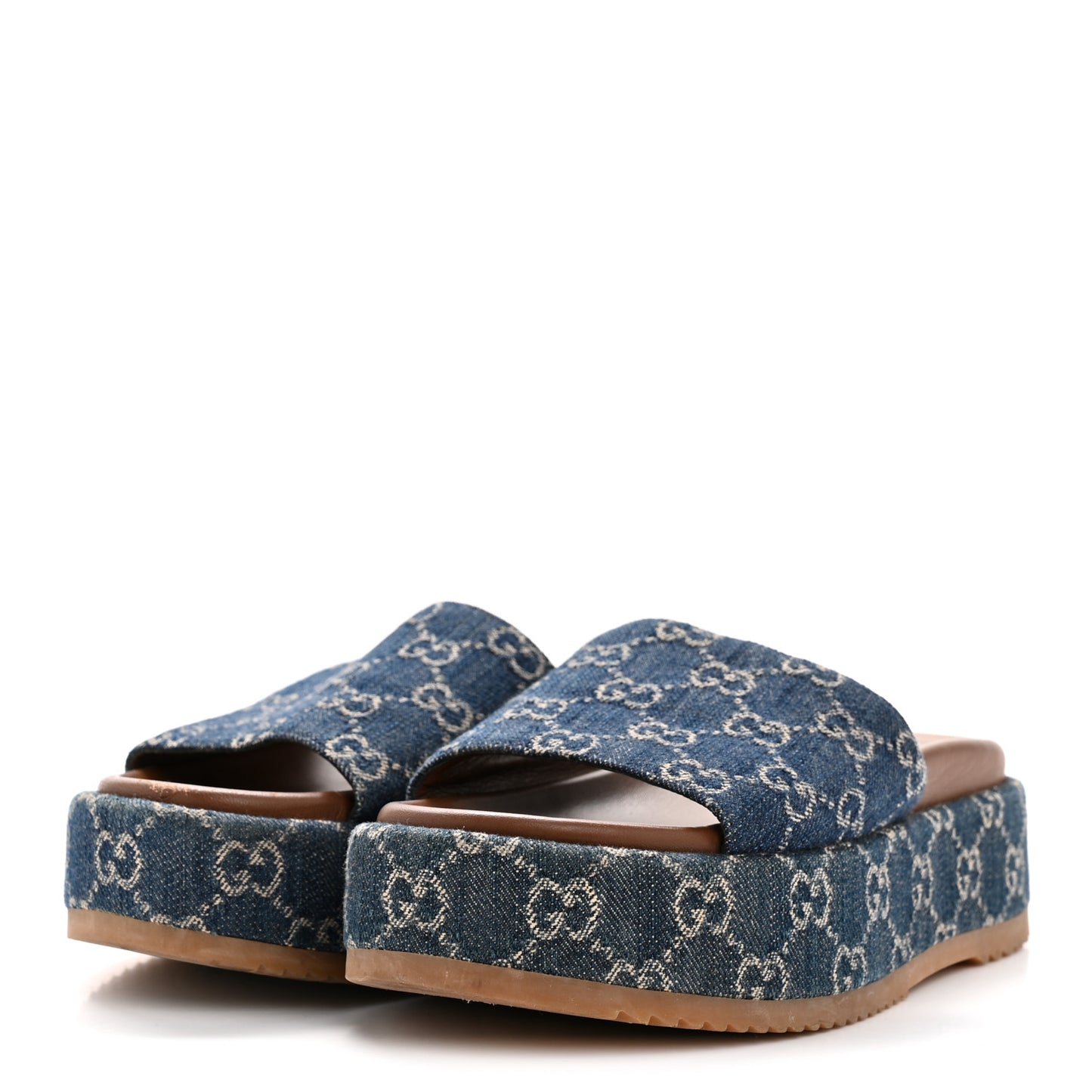 New Denim GG Monogram Angelina Platform 55mm Slide Sandals 37 Blue Tea