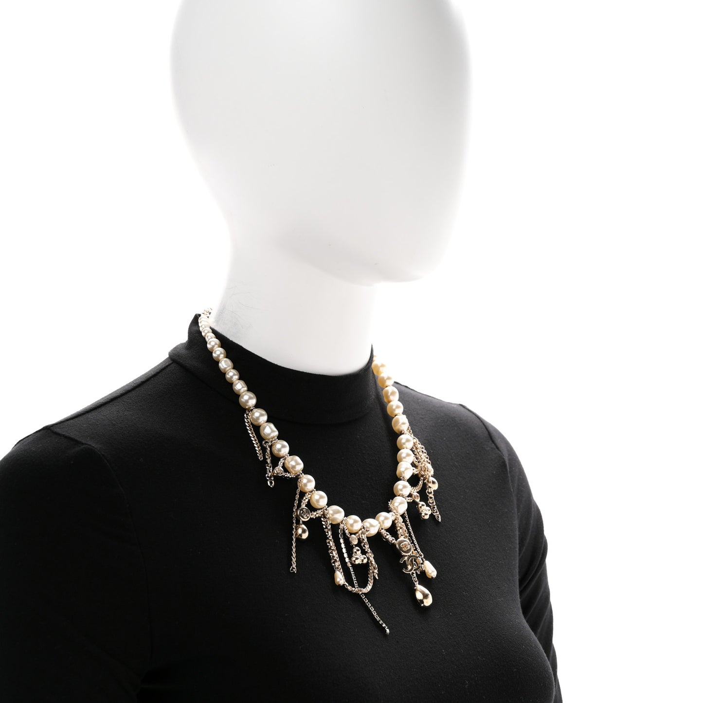 Pearl Crystal CC Dangle Short Necklace Gold