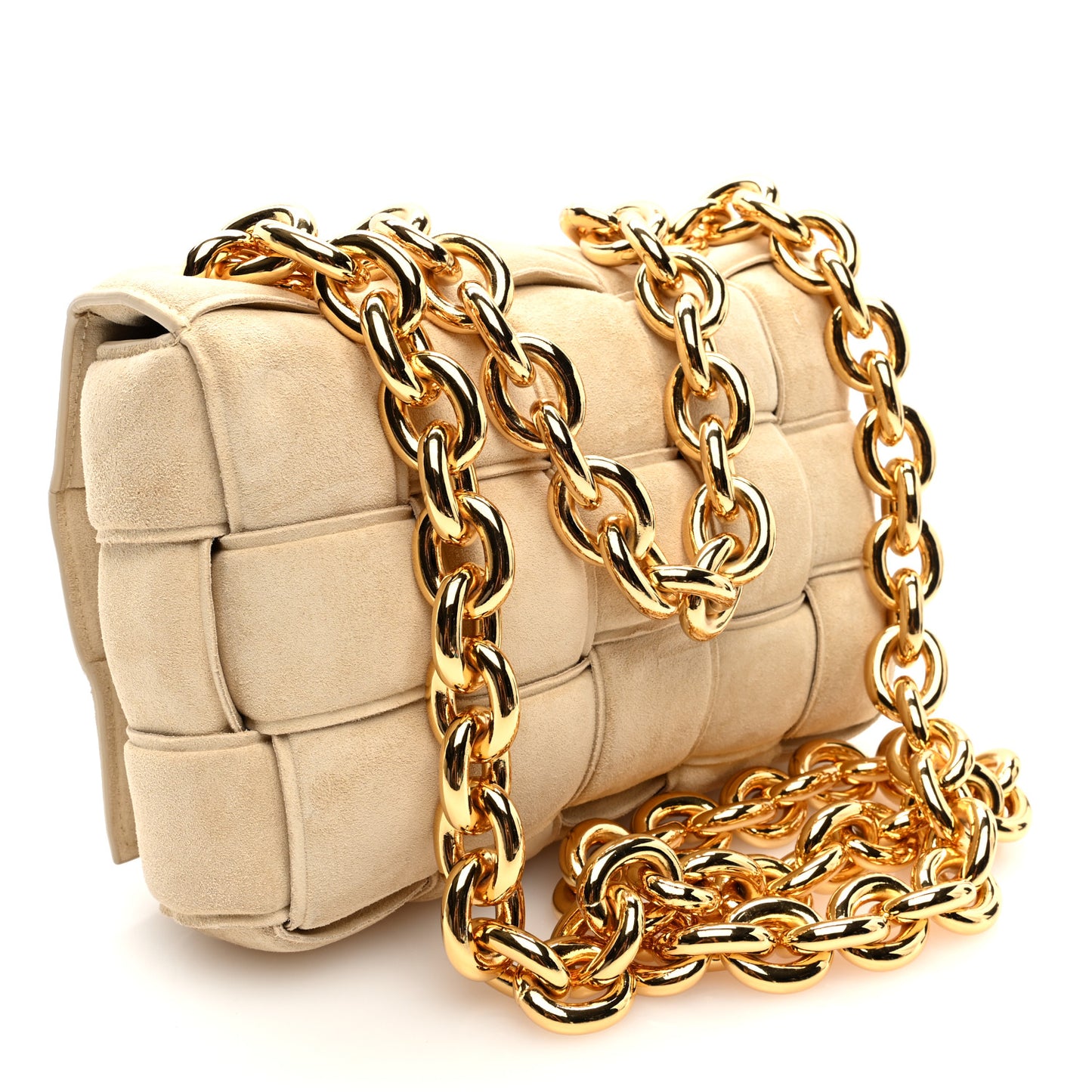 Suede Maxi Intrecciato Padded Chain Cassette Crossbody Bag Sand