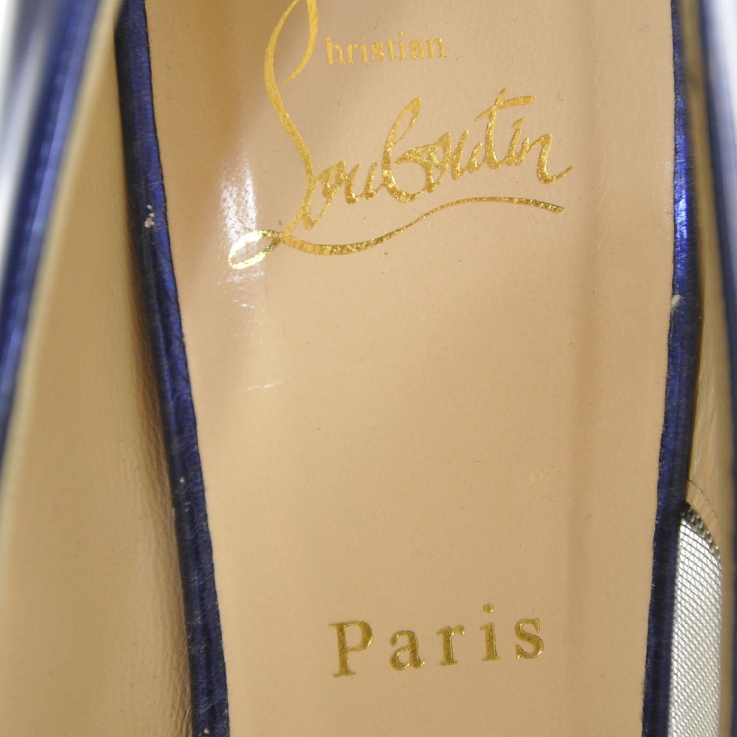Christian Louboutin Patent Leather Mesh Tashaf 120 Pumps 39 Metallic Blue 7 of 7
