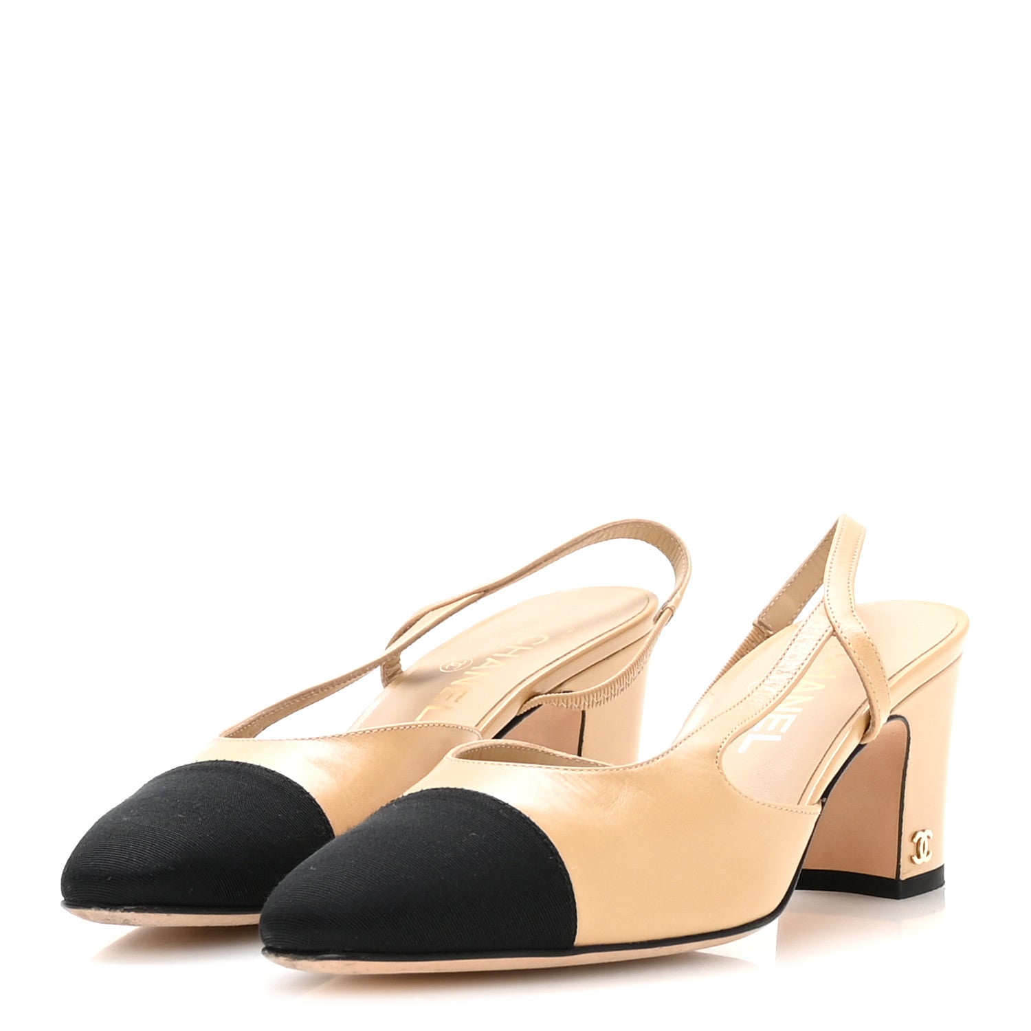 Chanel Goatskin Grosgrain Cap Toe CC Slingback Pumps 37.5 Beige Black 4 of 8