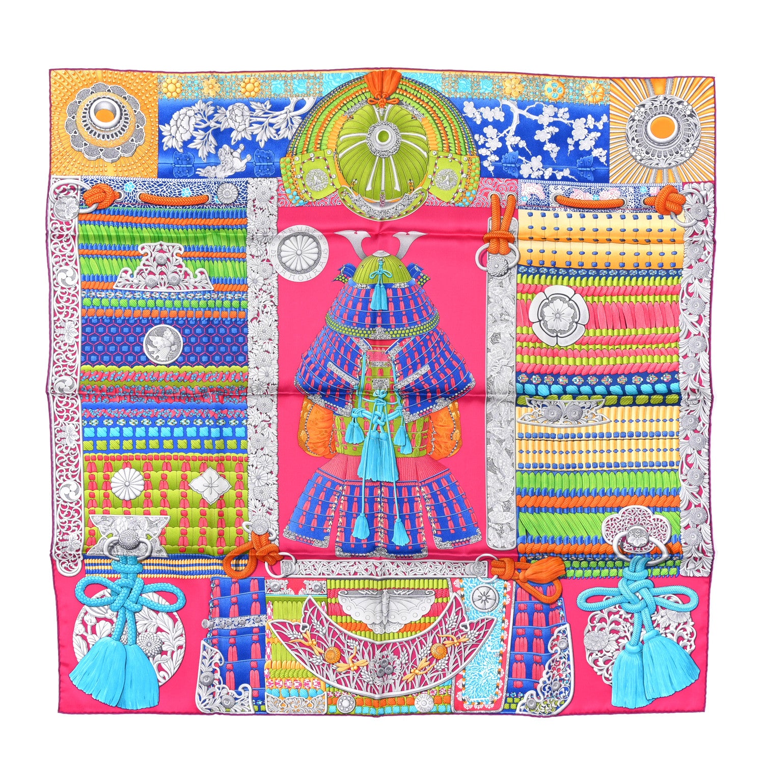 Hermes Silk Parures de Samouraïs Scarf 90 Rose Indien Vert Turquoise 1 of 3
