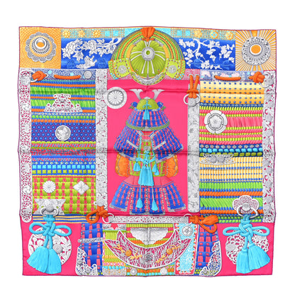 Hermes Silk Parures de Samouraïs Scarf 90 Rose Indien Vert Turquoise 1 of 3