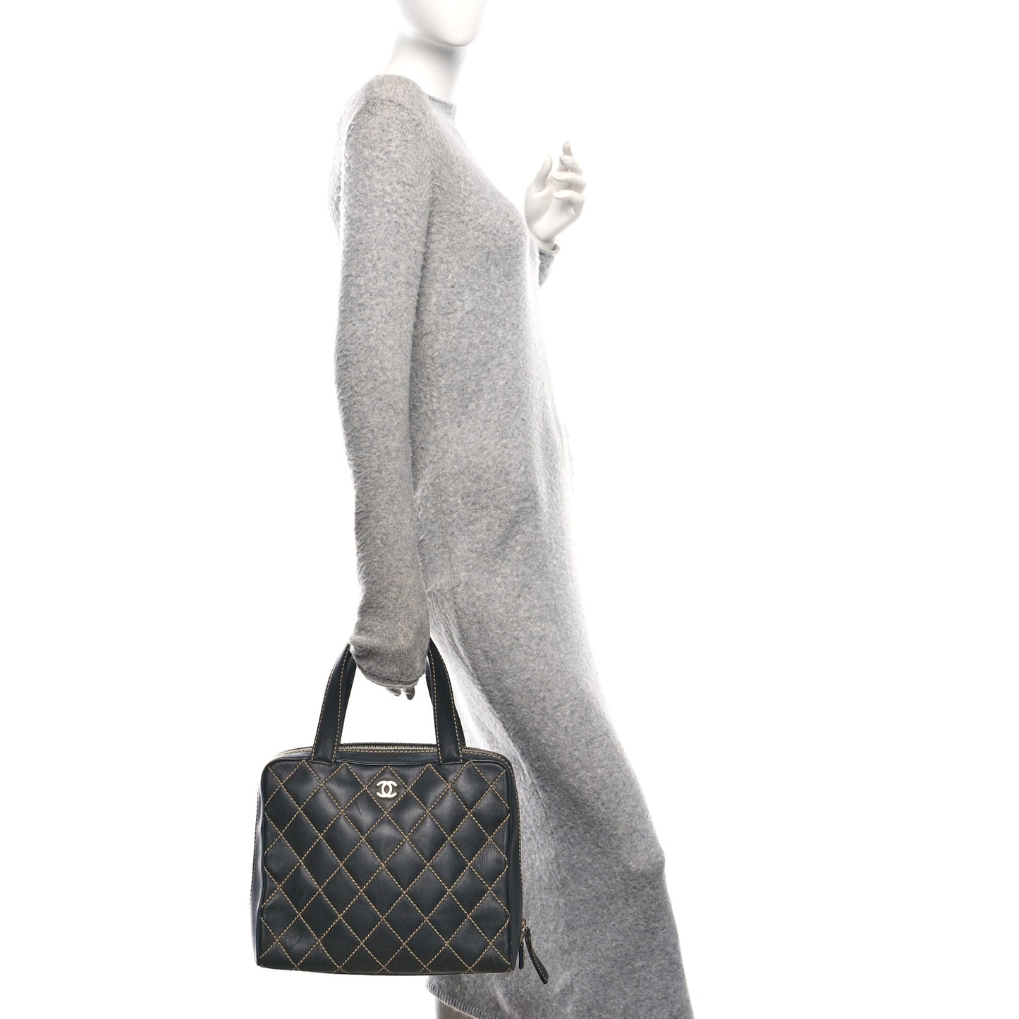 Calfskin Wild Stitch Vertical Top Handle Bag Black
