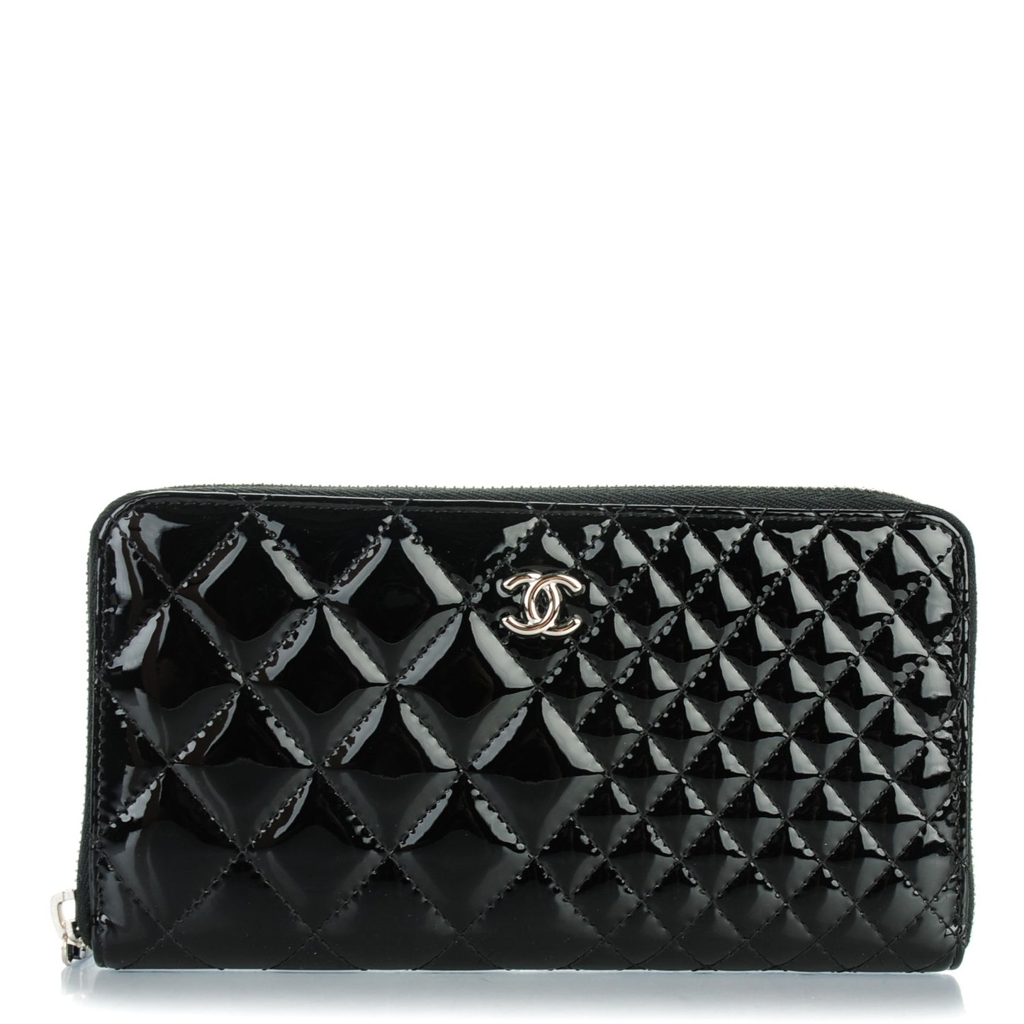 Patent Double Quilted Zip Around Wallet Black