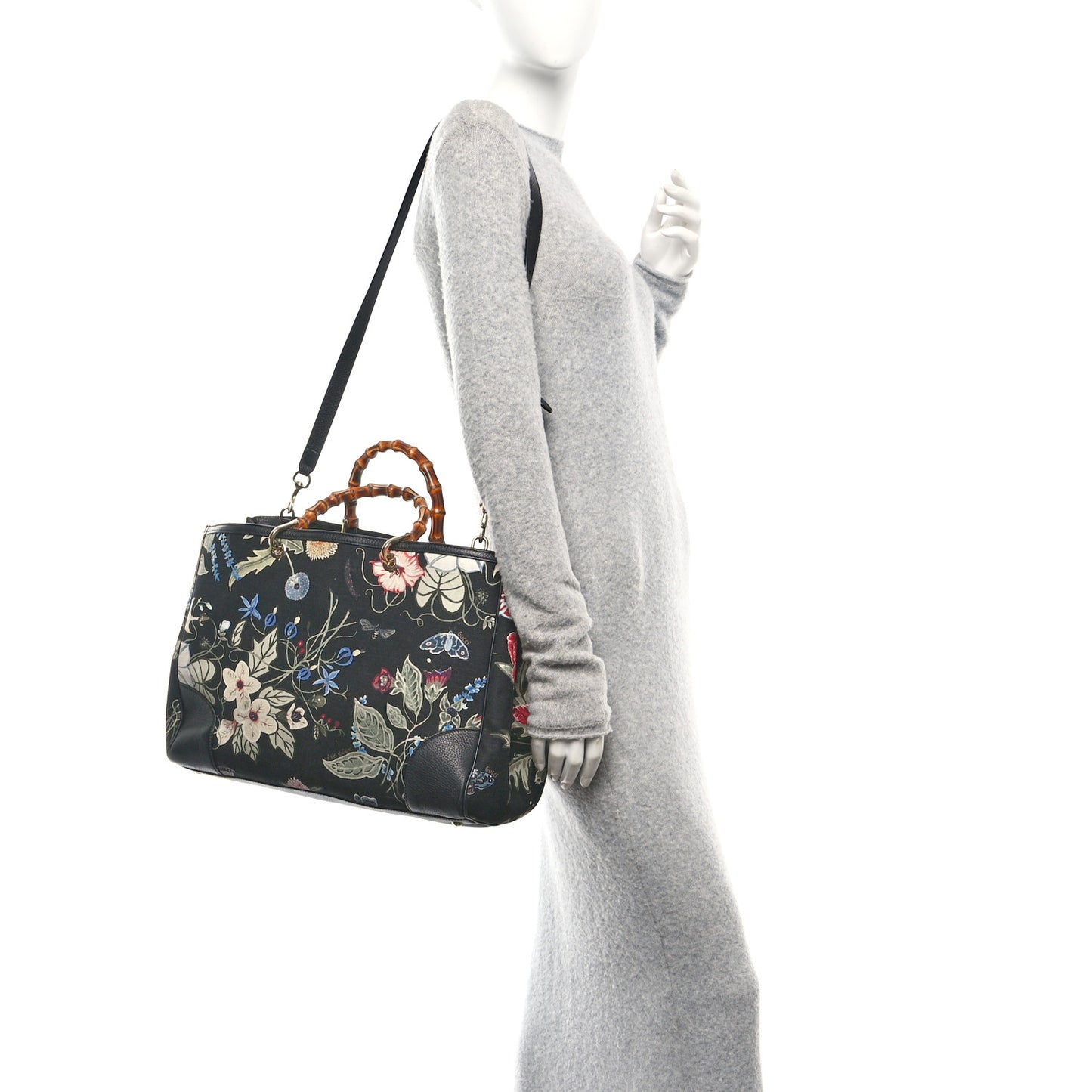 Canvas Cellarius Calfskin Flora Knight Large Bamboo Shopper Tote Black