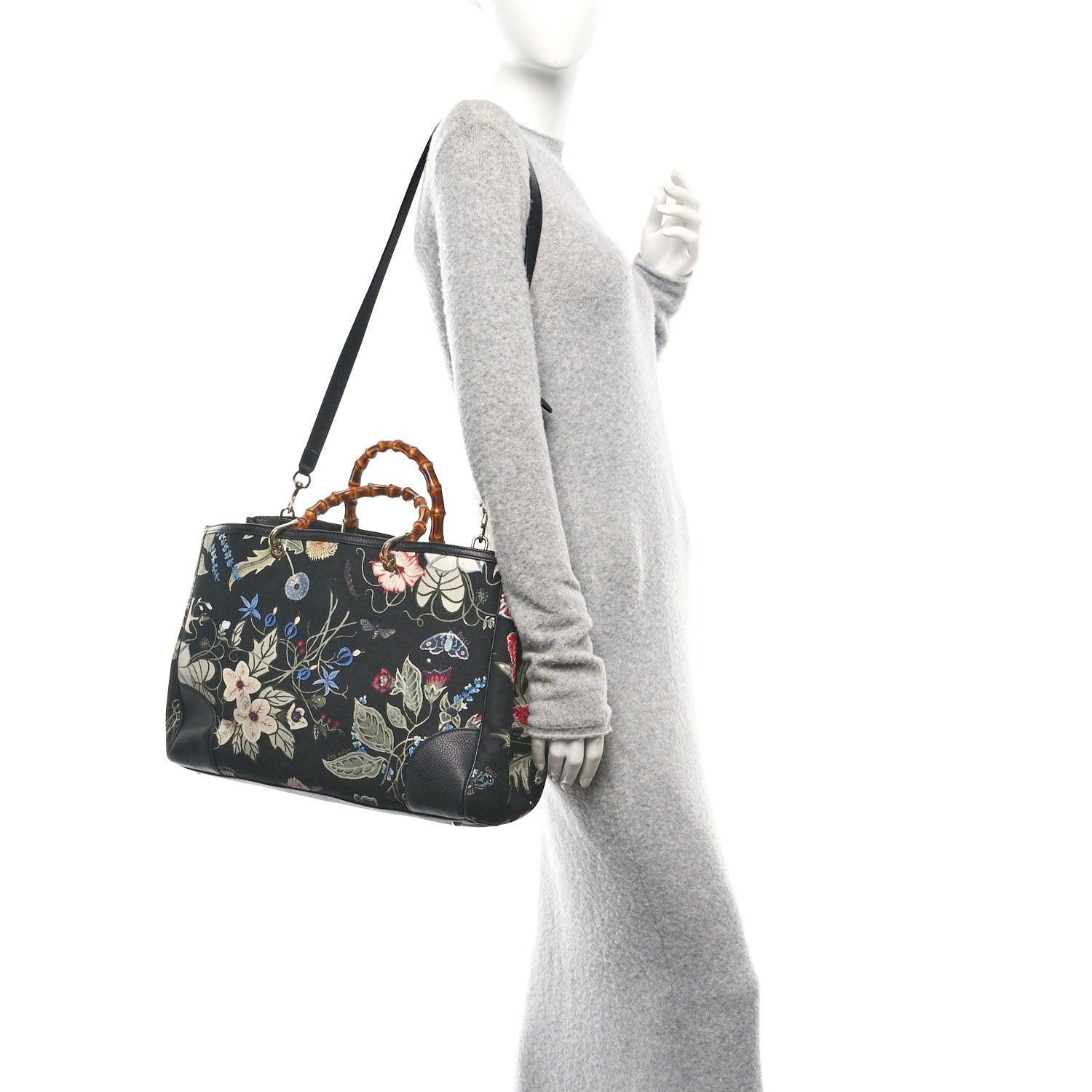 Gucci Canvas Cellarius Calfskin Flora Knight Large Bamboo Shopper Tote Black 2 of 11