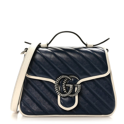 Gucci Vintage Effect Calfskin Matelasse Diagonal Mini Torchon GG Marmont Top Handle Shoulder Bag Blue Agata Mystic White 1 of 10