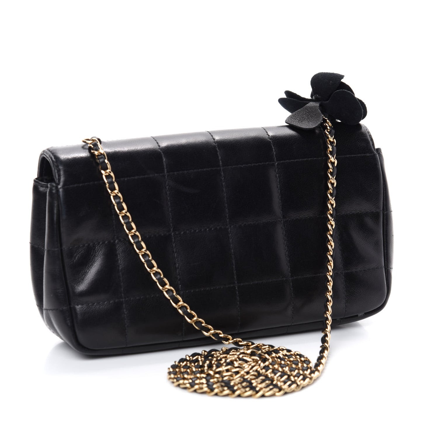 Lambskin Quilted Mini Chocolate Bar Camellia Flap Black