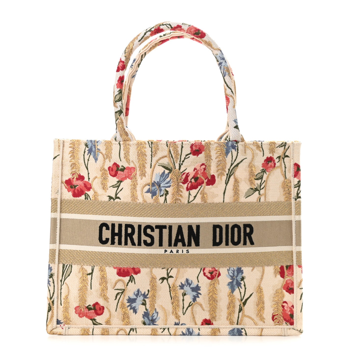 Canvas Embroidered Medium Hibiscus Book Tote Beige Multicolor