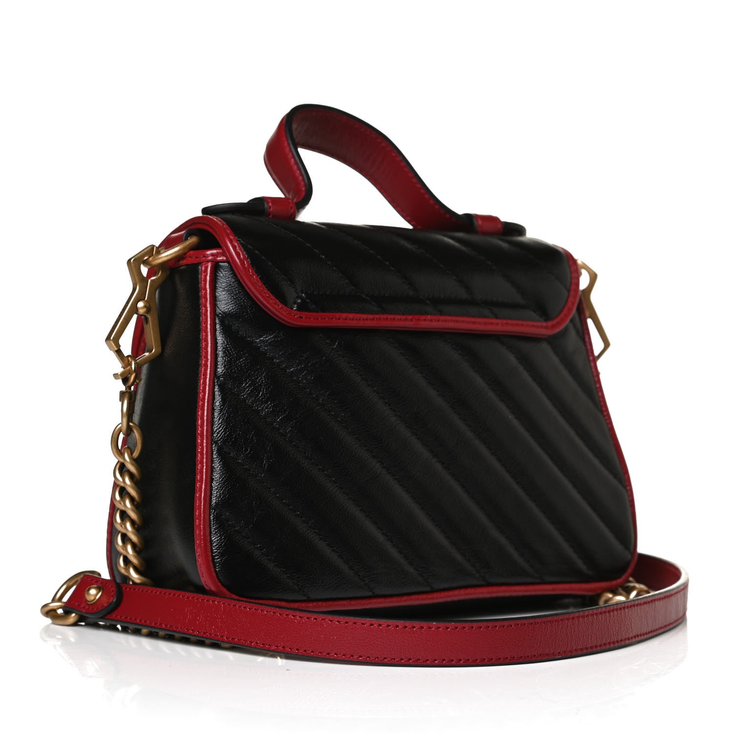 Gucci Vintage Effect Calfskin Matelasse Diagonal Small Torchon GG Marmont Top Handle Shoulder Bag Black Romantic Cherry 3 of 13