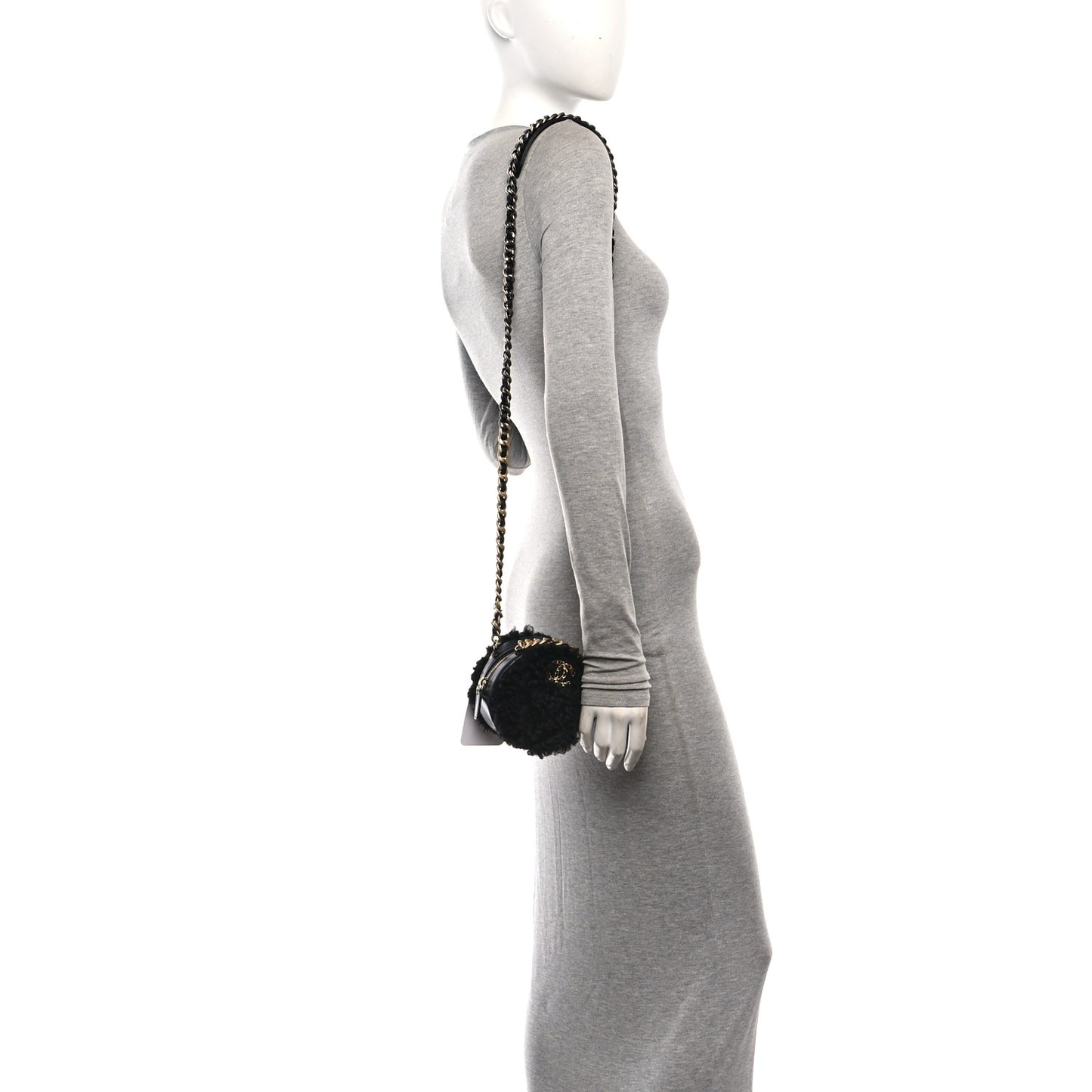 Shearling Sheepskin Chanel 19 Round Clutch With Chain Black
